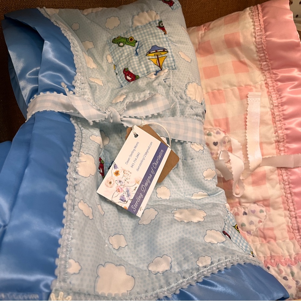 Handmade and cozy Baby Quilt Crib size Blue/white, check/ flannel train print
